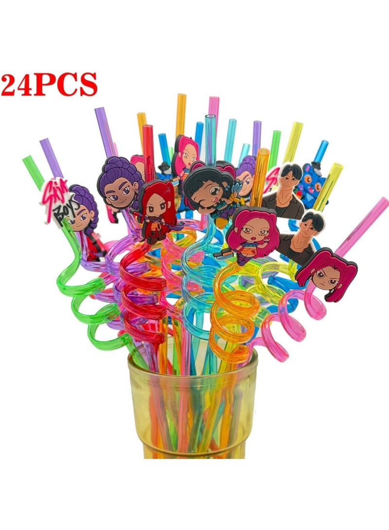 saykfoe Kpop Party Kit - 24 Reusable Colorful Spiral Straws with Printed Cartoon Designs & 25 Girl Temporary Tattoos, Includes Cleaning Brush for Anime Themed Birthday, K-Style Party Decor - Image 3